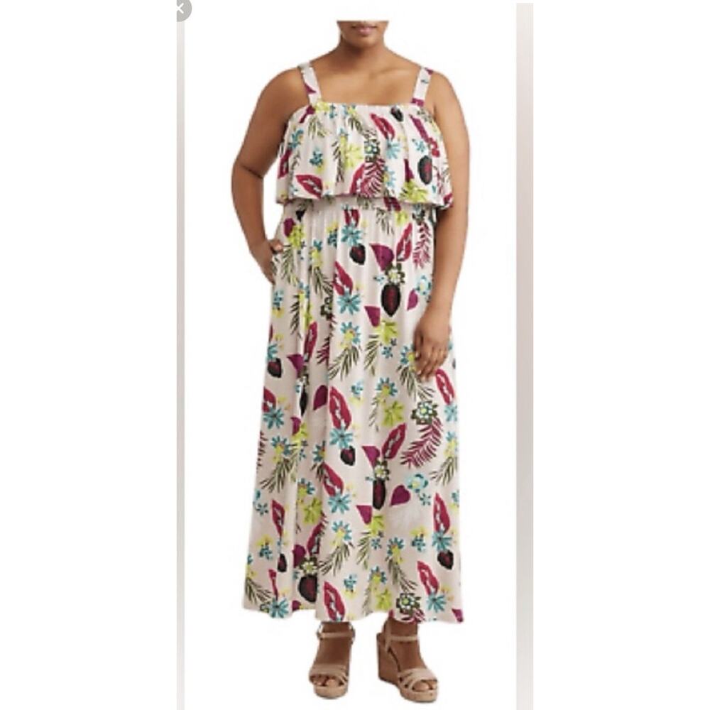 Terra & Sky Maxi Dress 2X Floral Sleeveless Ruffle Smocked Cruise Vacation